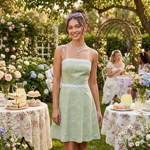 Y2K Necessary Objects Strapless Embroidered Floral Lace Trim Dress Green M‎ NOS